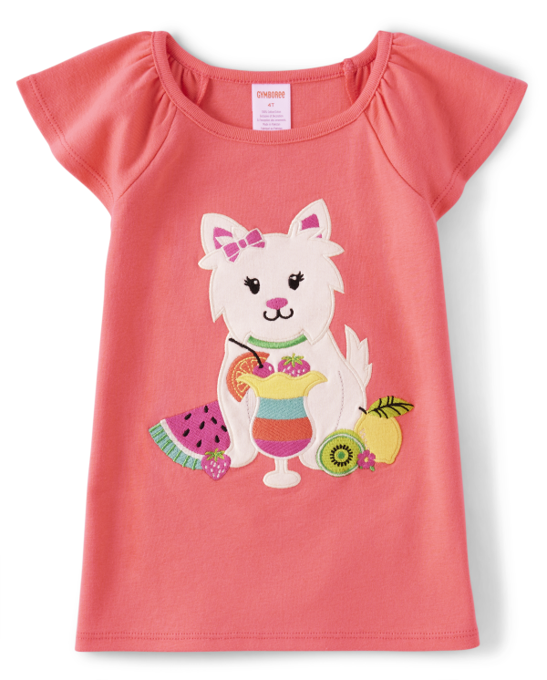 Girls Embroidered Dog Flutter Top - Festive Fruit - living coral