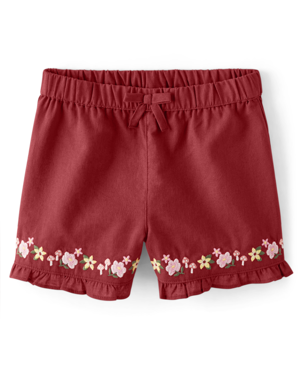 Girls Embroidered Floral Ruffle Shorts - Fairytale Forest - sunburn