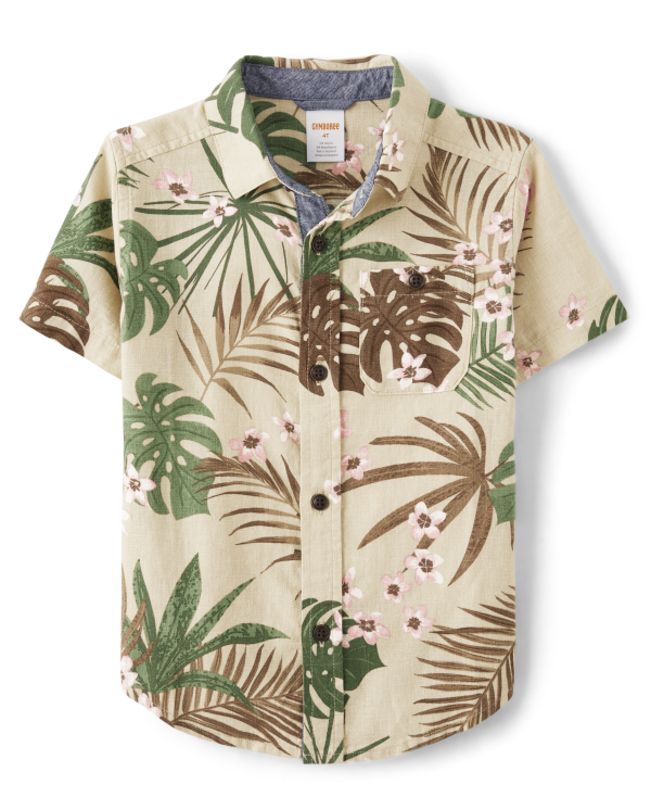 Boys Matching Family Palm Button Up Shirt - Safari - canoe