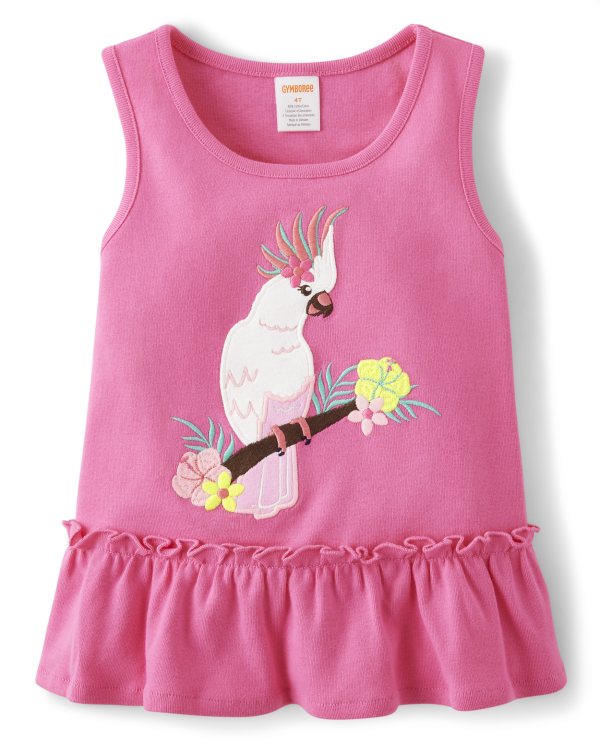 Girls Embroidered Bird Peplum Tank Top - Tropical Paradise - french rose