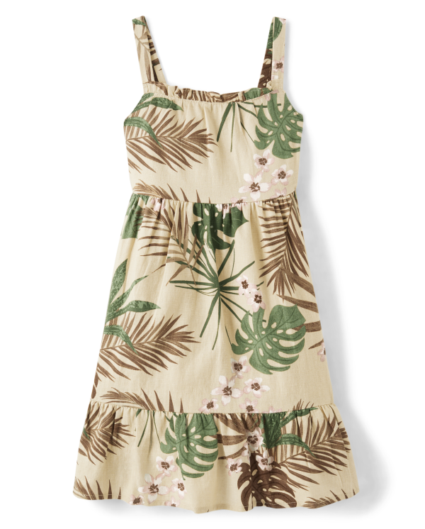 Girls Matching Family Palm Ruffle Dress - Safari - canoe