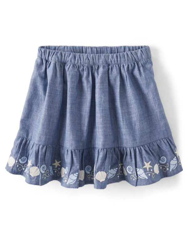 Girls Embroidered Seashell Ruffle Skort - Sandy Shores - citrus chambray
