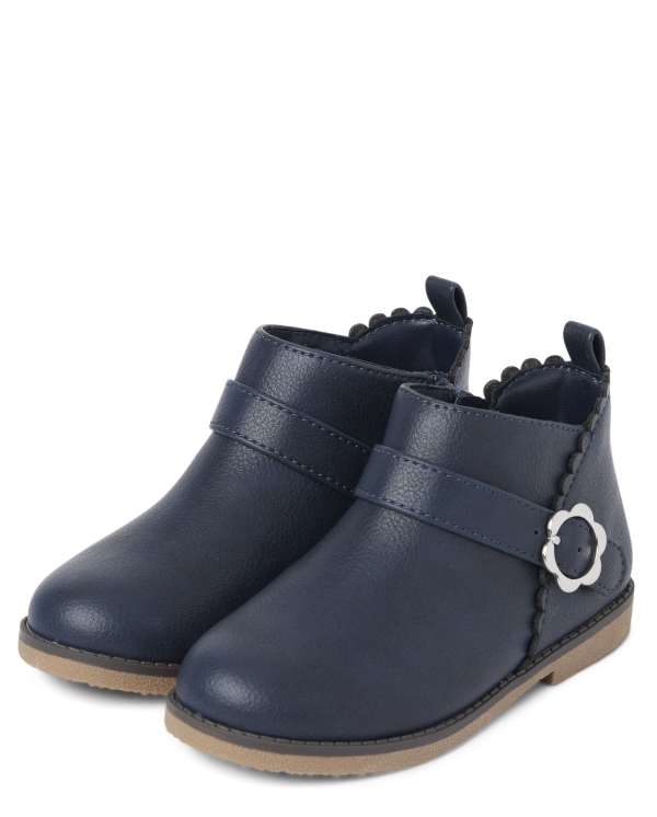 Girls Flower Buckle Booties - navy