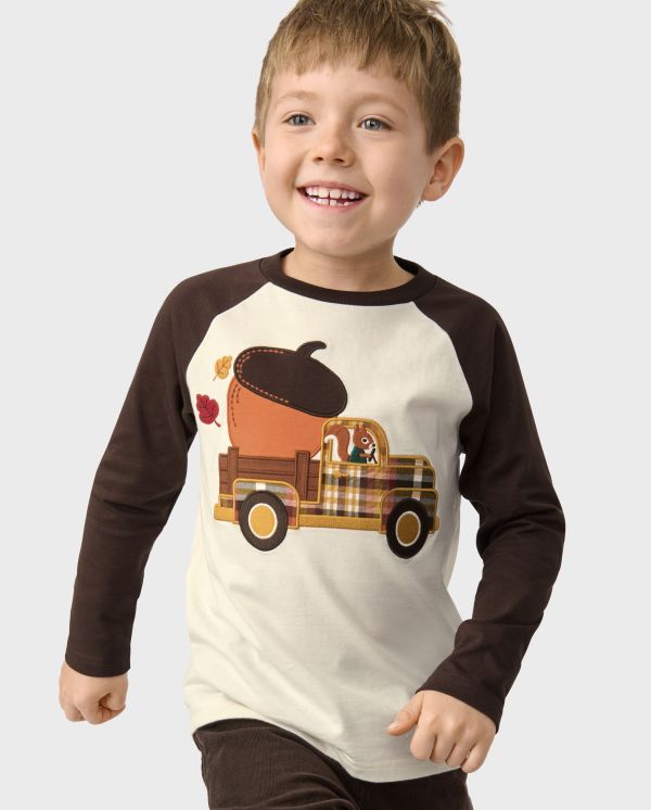 Boys Embroidered Truck Raglan Top - Happy Harvest - halo white