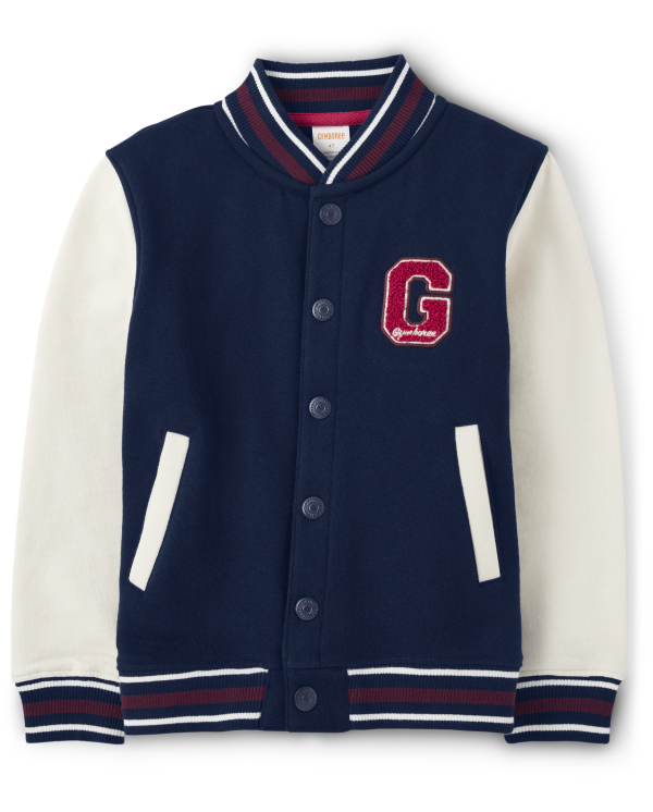 Boys Applique Patch Fleece Varsity Jacket - Prep School - tidal