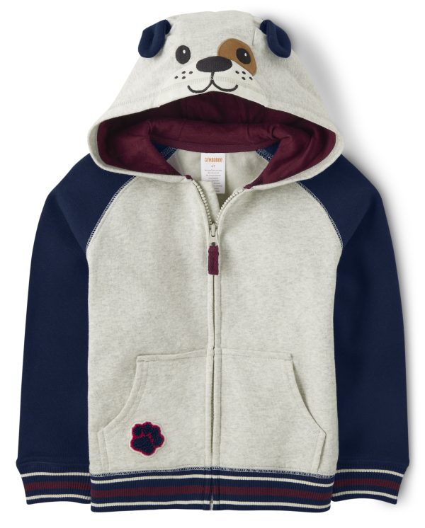 Boys Embroidered Dog Fleece Zip-Up Hoodie - Prep School - h/t lunar