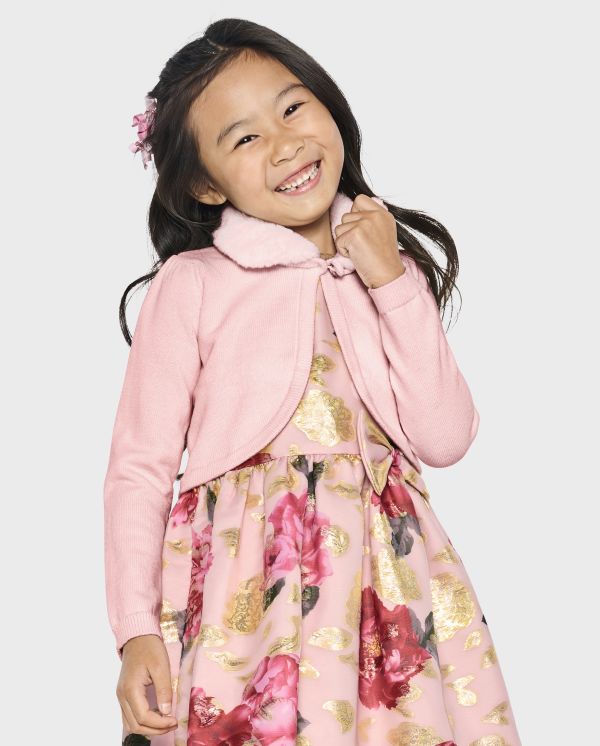 Girls Faux Fur Collar Cardigan - Sugar Plum Fairy - pink tinge