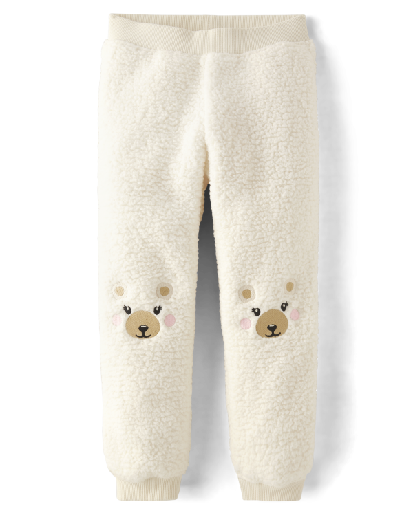Girls Embroidered Polar Bear Sherpa Jogger Pants - Nordic Adventure - halo white