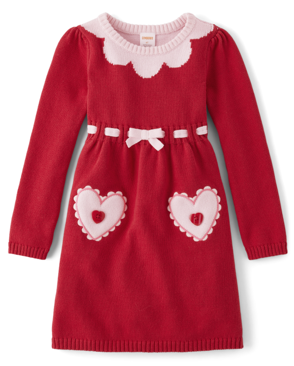 Girls Contrast Heart Sweater Dress - Valentine Cutie - ruby