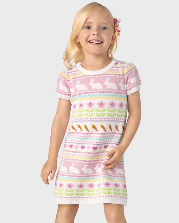 Girls Intarsia Bunny Fairisle Sweater Dress - Spring Celebrations - simplywht