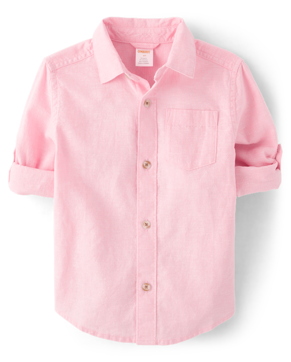 Boys Button Up Shirt - Linen - simple pink