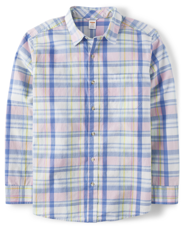 Mens Matching Family Plaid Poplin Button Up Shirt - Spring Celebrations - blue jean