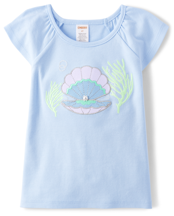 Girls Embroidered Seashell Top - Bondi Beach - party blue