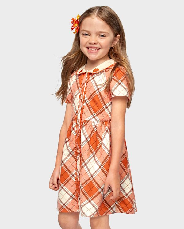 Girls Plaid Pumpkin Shirt Dress - Autumn Adventures - frappe