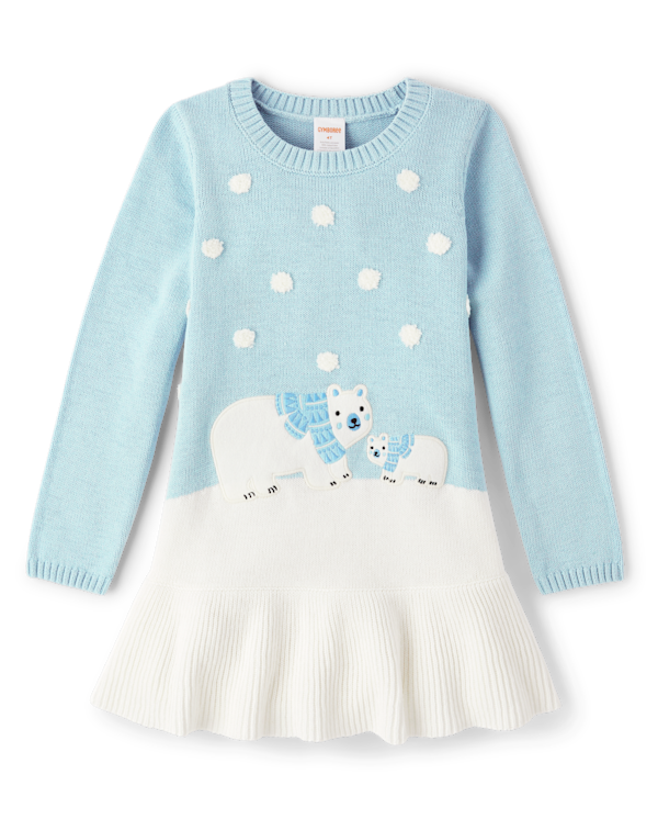 Girls Polar Bear Peplum Sweater Dress - Little Snowflake - cosmic light