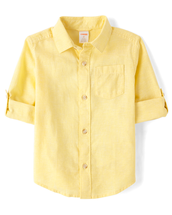 Kids Linen-Blend Button Up Shirt - yellow
