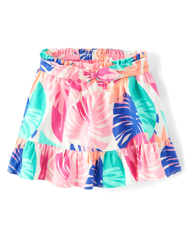 Girls Palm Linen-Blend Ruffle Skort - Seaside Palms - white
