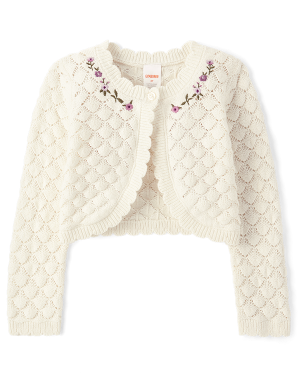 Girls Embroidered Floral Pointelle Cardigan - Magical Meadows - white