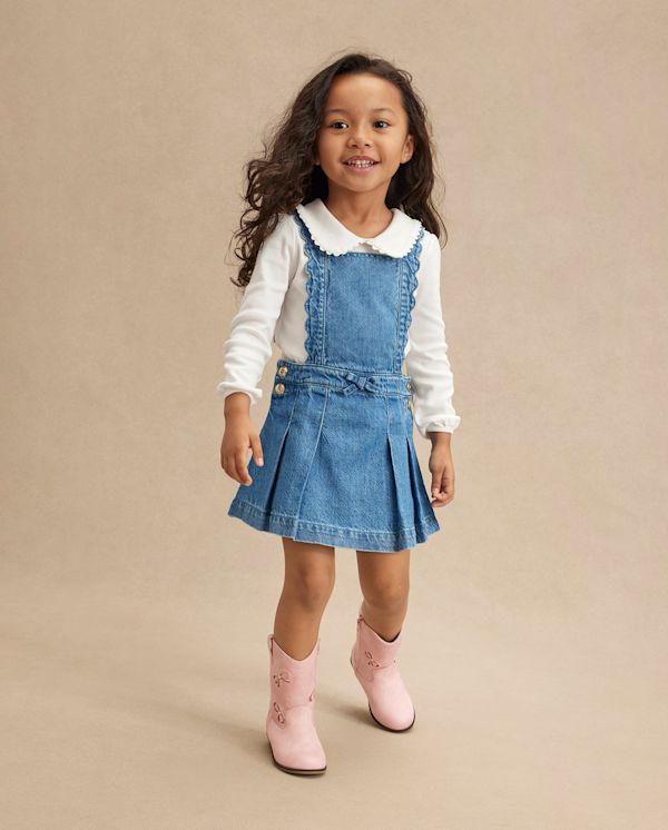 Girls Scalloped Button Denim Jumper - Campus Cuties - blue