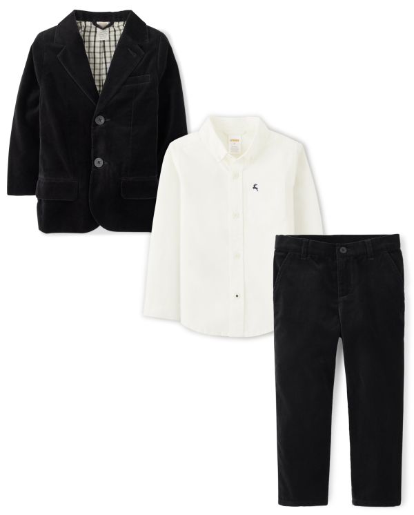 Boys Velvet Blazer, Button Up Shirt And Velvet Dress Pants Set - multi clr