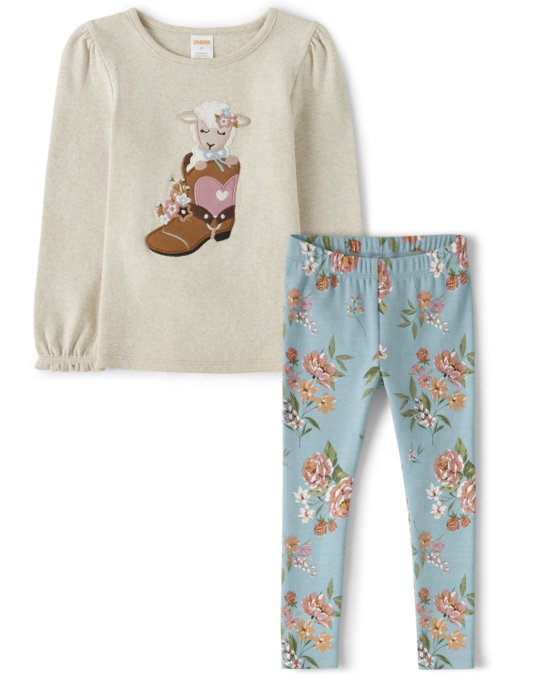 Girls Embroidered Lamb Cowgirl Boot Top And Floral Leggings Set - Little Rocky Mountain - multi clr
