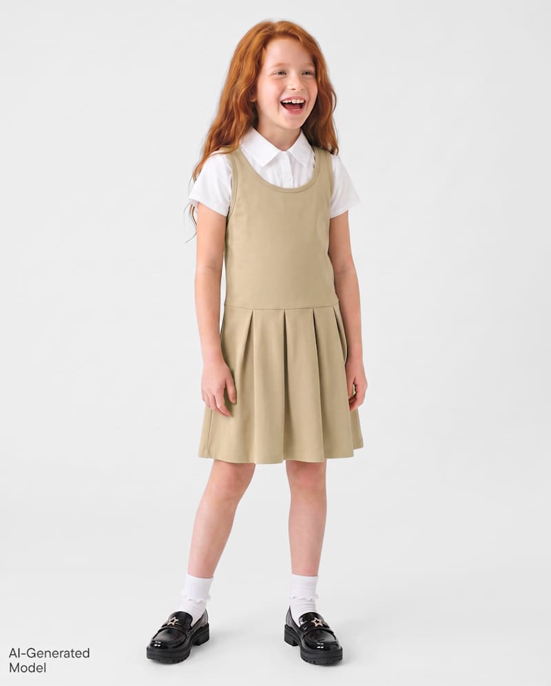 Girls Uniform Ponte Knit 2 In 1 Dress - tan