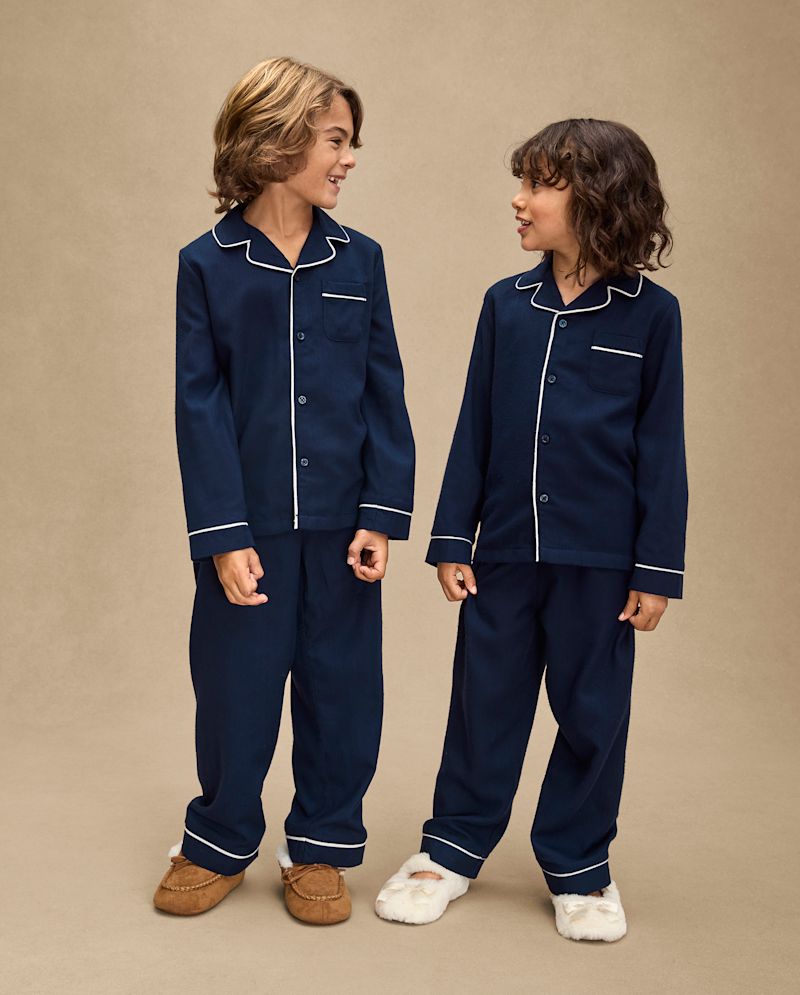 Kids Matching Family Long Sleeve Contrast Flannel Pajamas - blue
