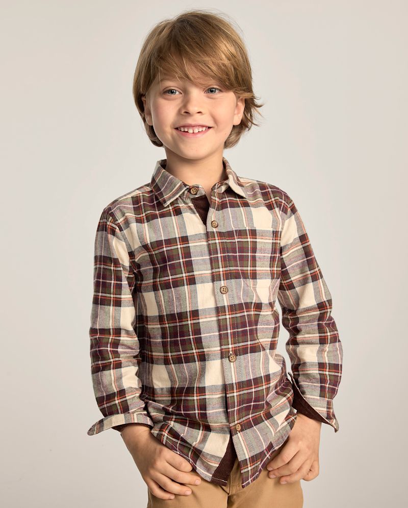Boys Long Sleeve Plaid Flannel Button Up Shirt - Countryside Manor - CREAM