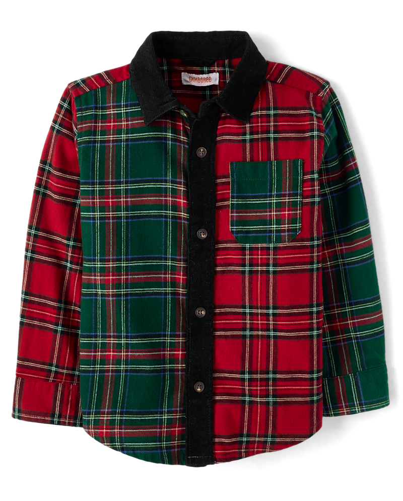 Boys Long Sleeve Plaid Colorblock Button Up Shirt - Tartan Remix - GREEN