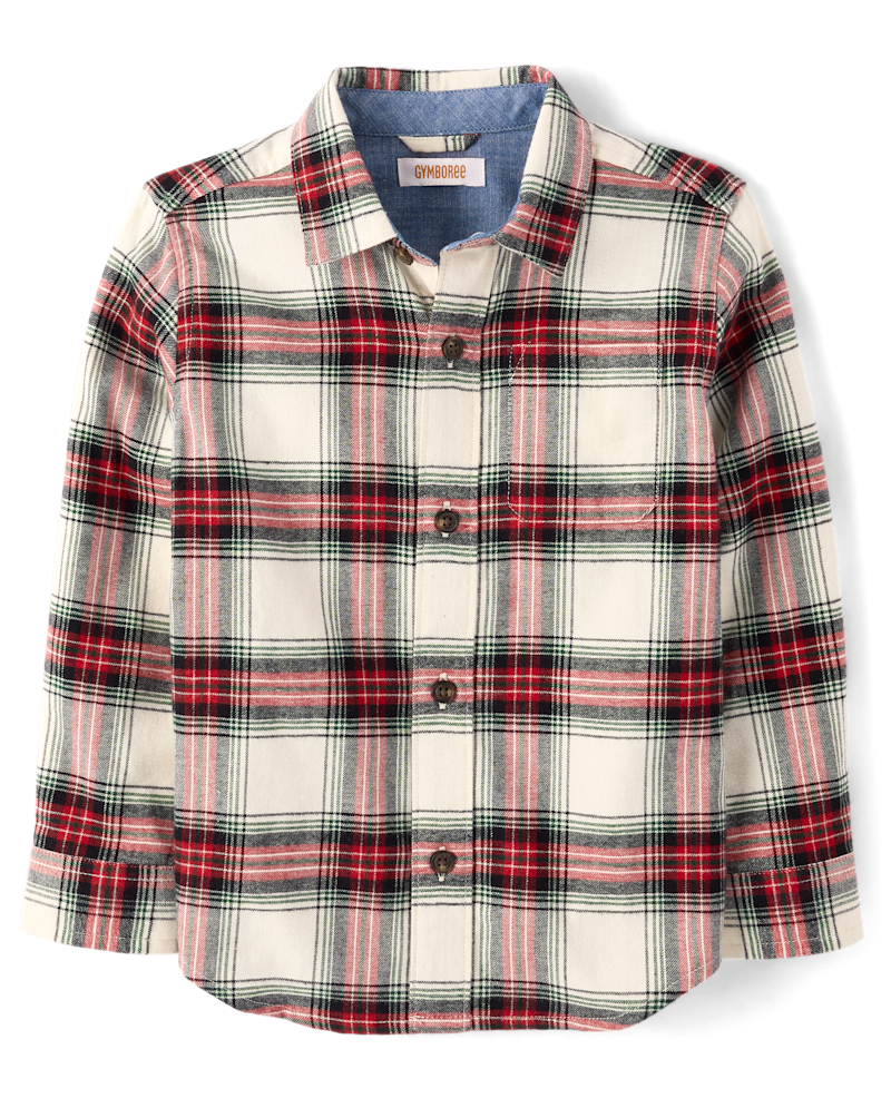 Boys Long Sleeve Plaid Flannel Button Up Shirt - Tartan Remix - CREAM