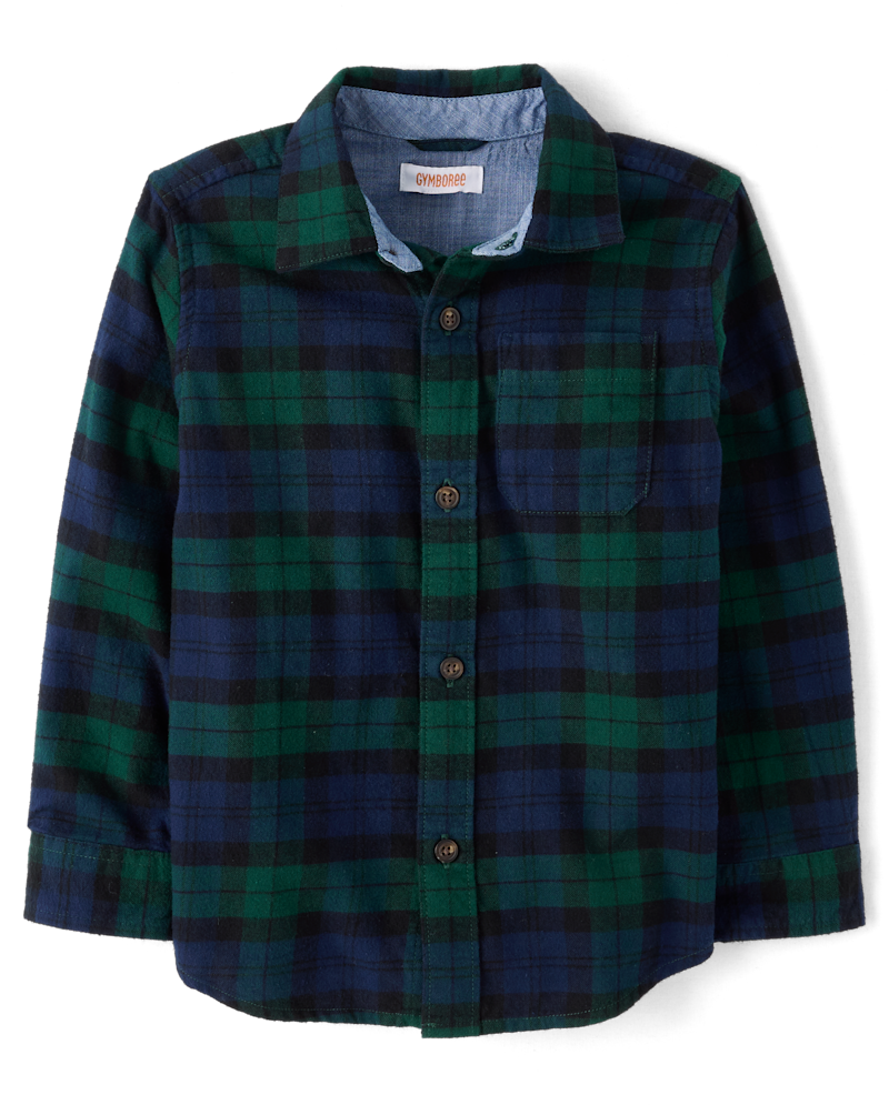 Boys Plaid Flannel Long Sleeve Button Front Woven Shirt - Tartan Remix - green