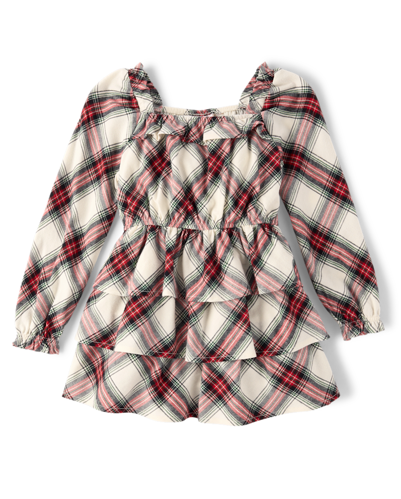 Girls Plaid Flannel Tiered Dress - Tartan Remix
