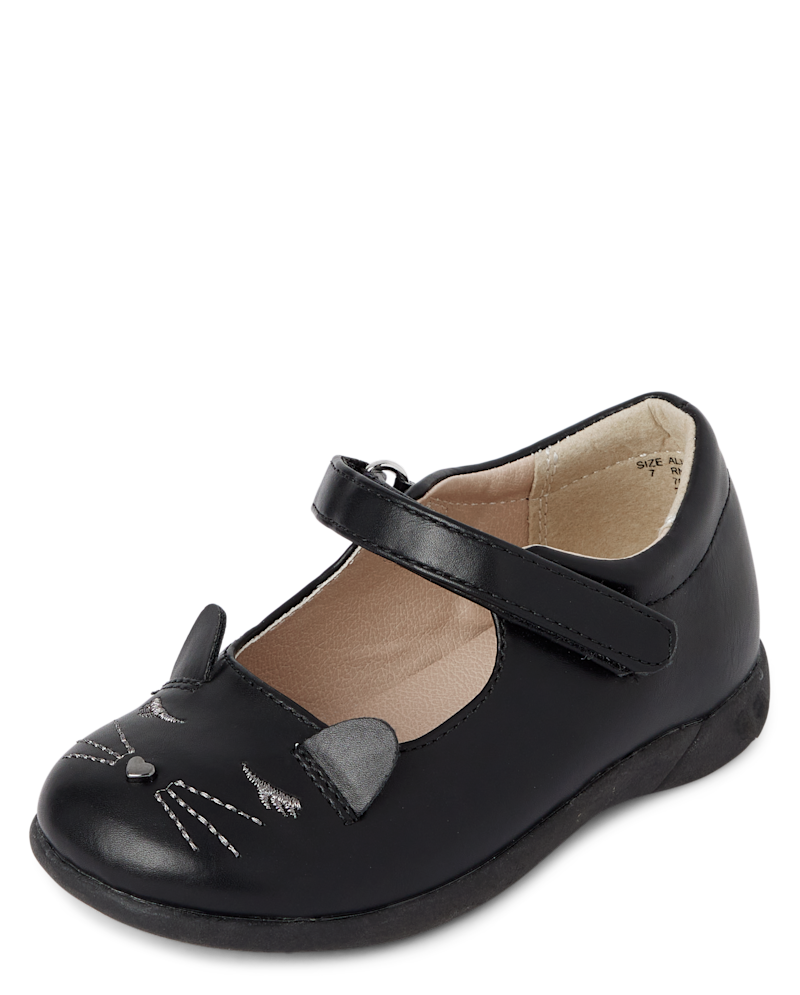Toddler Girls Embroidered Cat Mary Jane Shoes - black