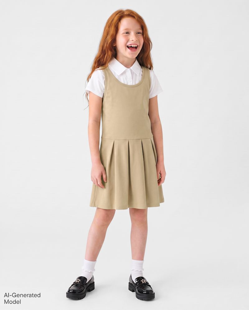 Girls Uniform Ponte Knit 2 In 1 Dress - tan
