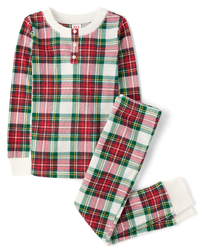 Kids Matching Family Plaid Thermal Henley Pajamas - white