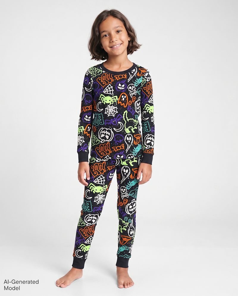 Kids Glow Halloween Graffiti Snug Fit Cotton Pajamas - black