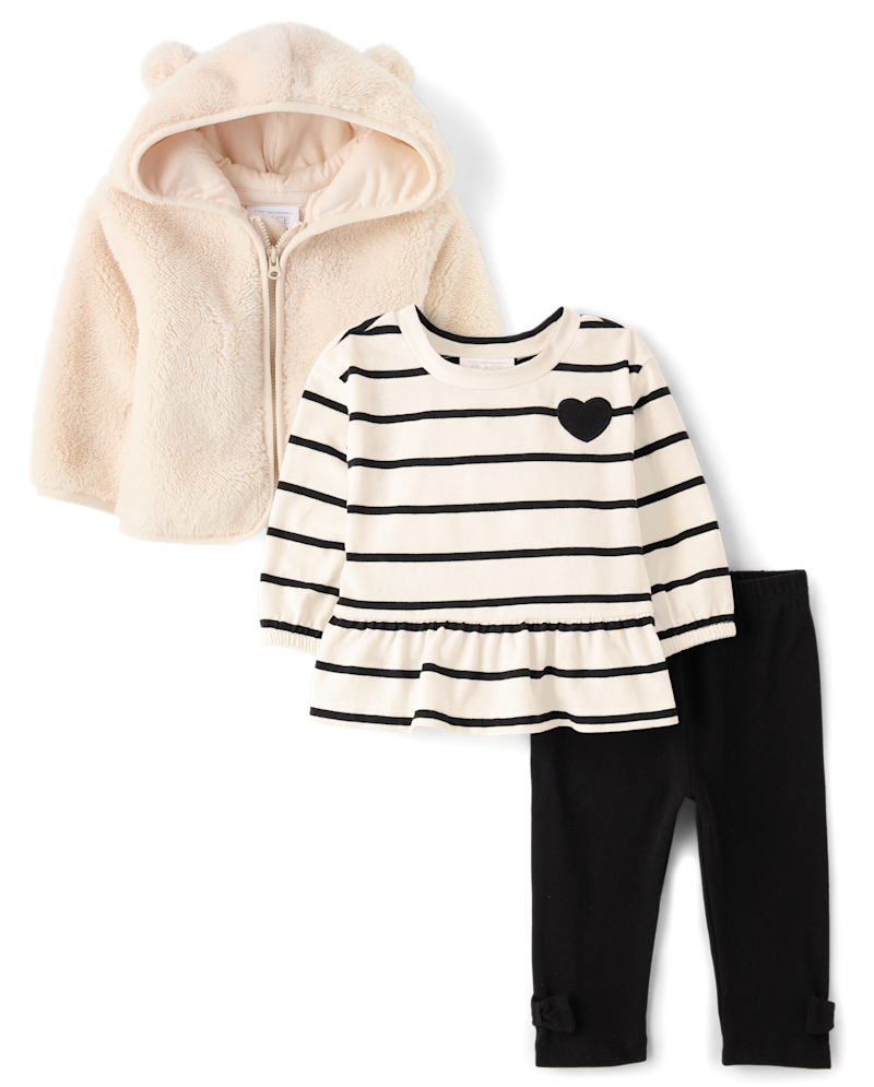 Baby Girls Striped Heart 3-Piece Outfit Set - black