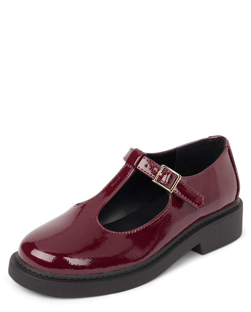 Girls Buckle T-Strap Mary Janes Shoes - burgundy