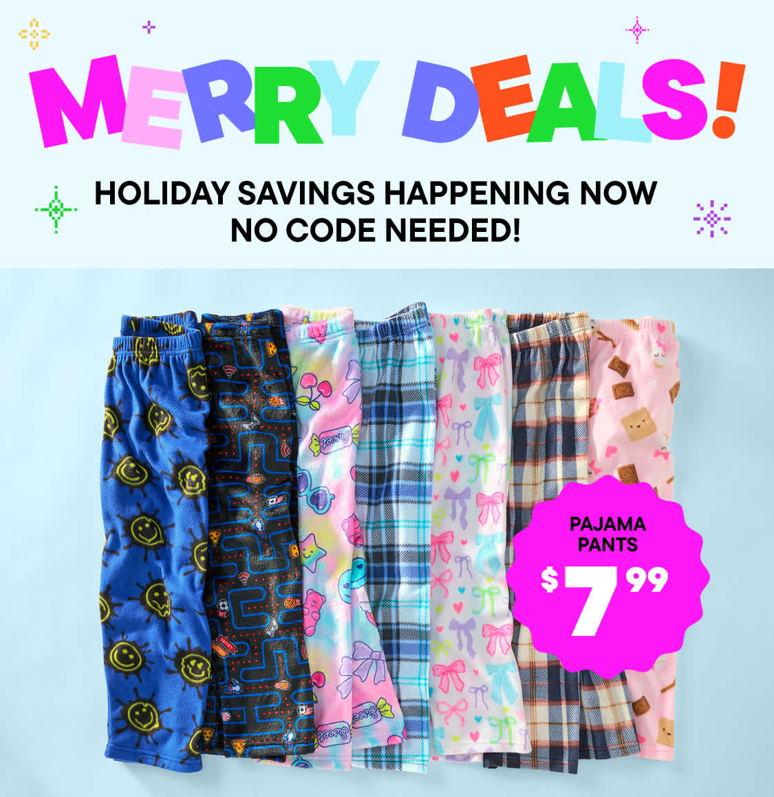 Colorful text "DEALS!" with various shapes and symbols in the background, indicating a promotion or sale with no code needed.