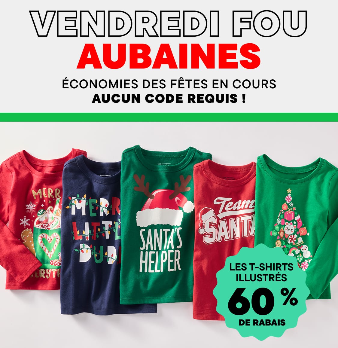L'image affiche le mot « VENDREDI » en gros caractères gras sur fond blanc, avec les mentions « PROMOTIONS BLACK FRIDAY EN COURS » et « AUCUN CODE NÉCESSAIRE ! » en dessous. Le fond présente un dégradé de vert.