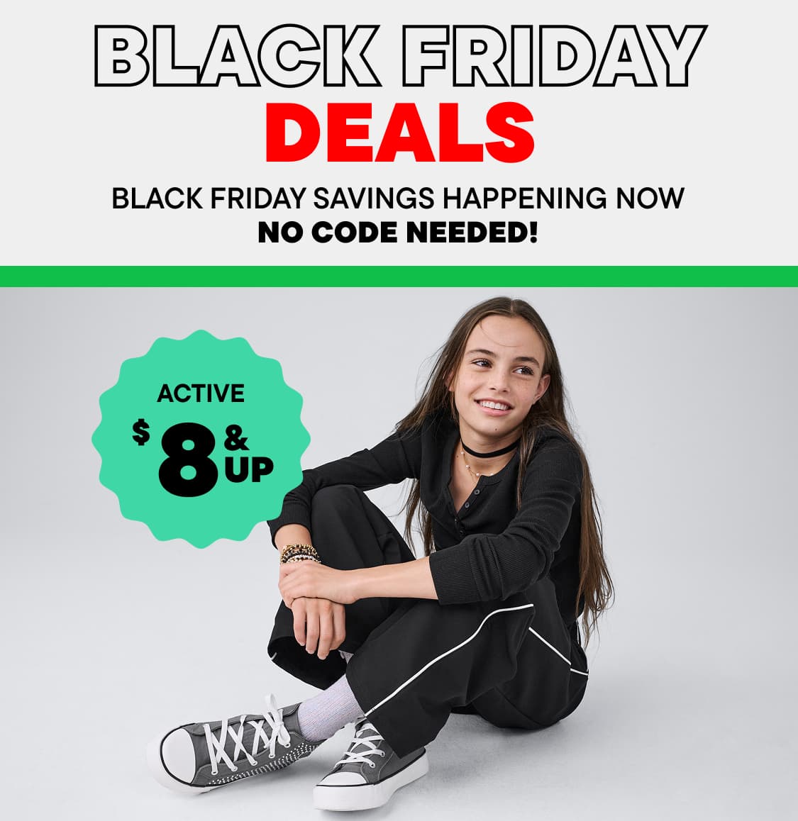 La imagen muestra la palabra "VIERNES" en letras grandes y en negrita, con el texto "AHORROS DE BLACK FRIDAY AHORA" y "¡NO SE NECESITA CÓDIGO!" escrito debajo sobre un fondo blanco liso.