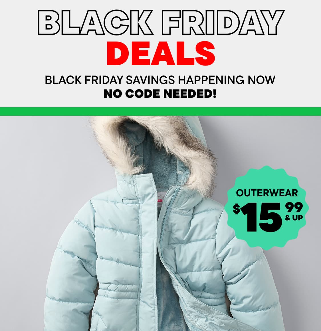 La imagen muestra la palabra «VIERNES» en letras grandes y en negrita, con el texto «¡AHORROS DE BLACK FRIDAY AHORA!» y «¡NO SE NECESITA CÓDIGO!» debajo. El fondo es blanco sólido, con un recuadro verde a la derecha.