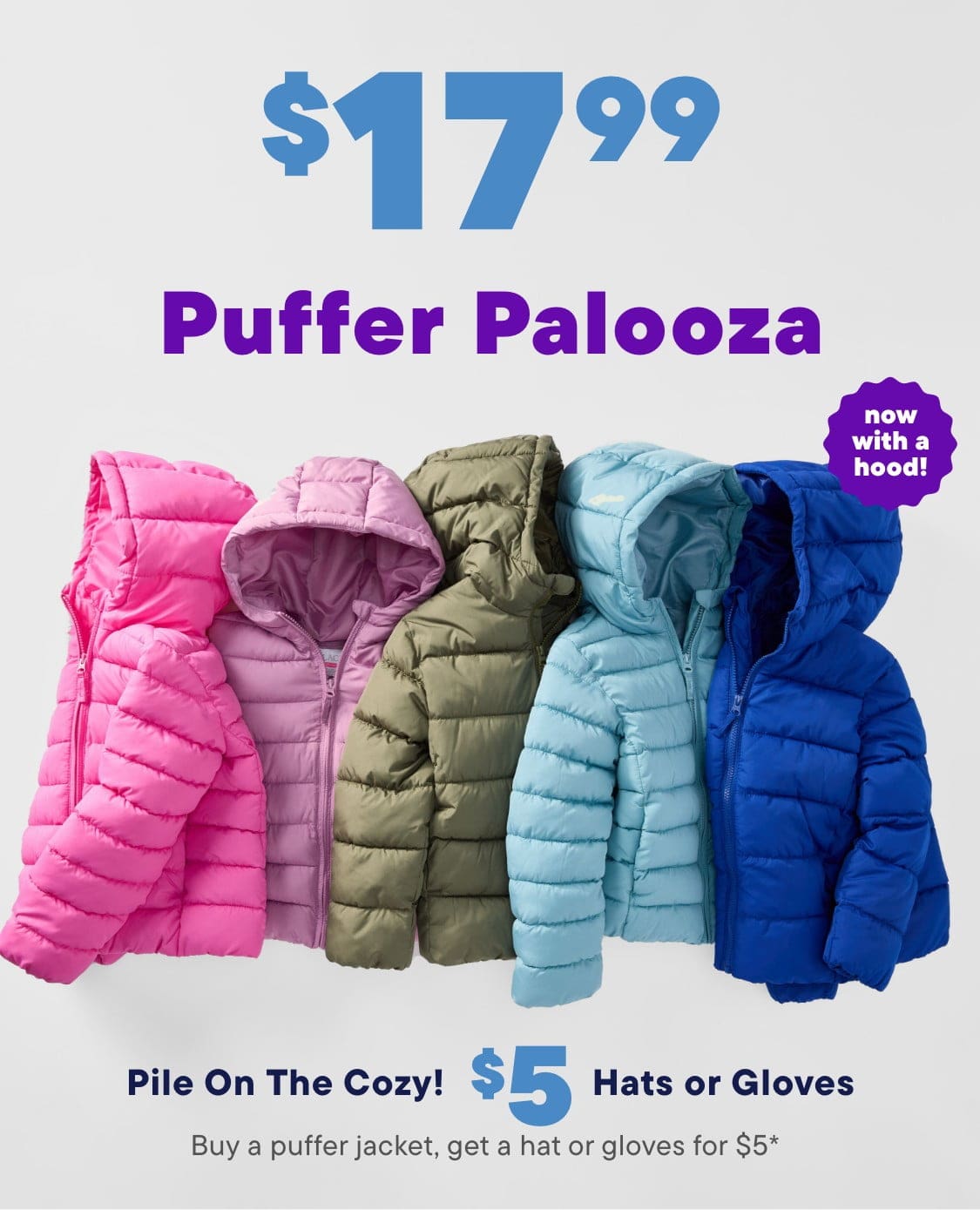 A vibrant display of colorful puffy winter jackets, each with a distinctive hooded design, arranged in a row against a plain background.
