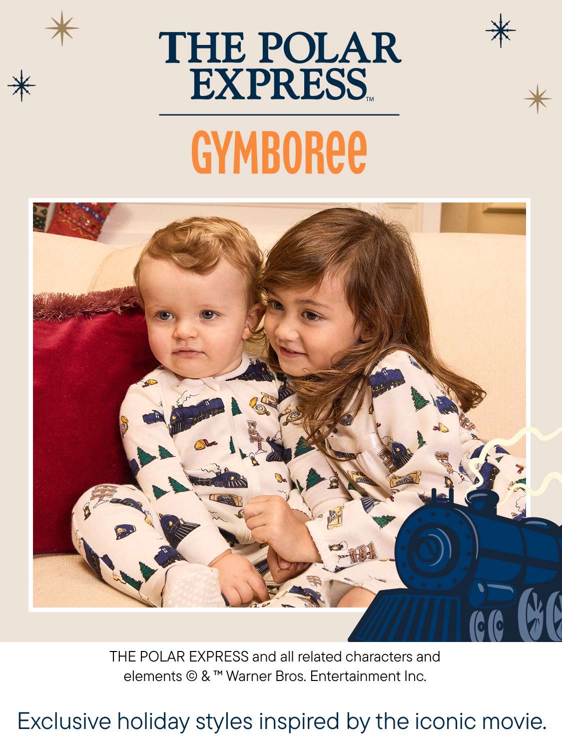 Two young children in matching Polar Express pajamas sit on a white sofa with red pillows, set against a promotional background featuring a blue steam engine and themed text.