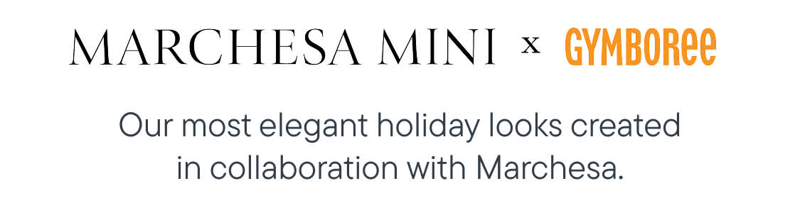 Black and orange text announcing a collaboration between Marchesa Mini and Gymboree is centered against a plain white background.