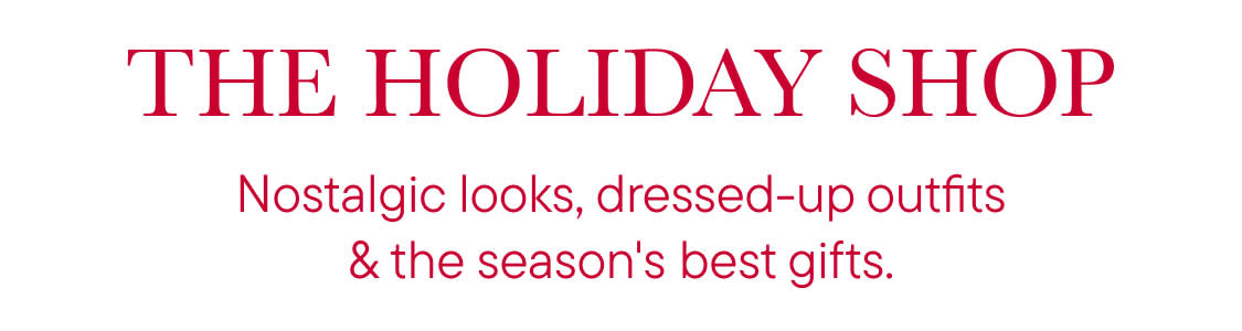 Red text reading "THE HOLIDAY SHOP" and a descriptive sub-caption are centered against a plain white background.