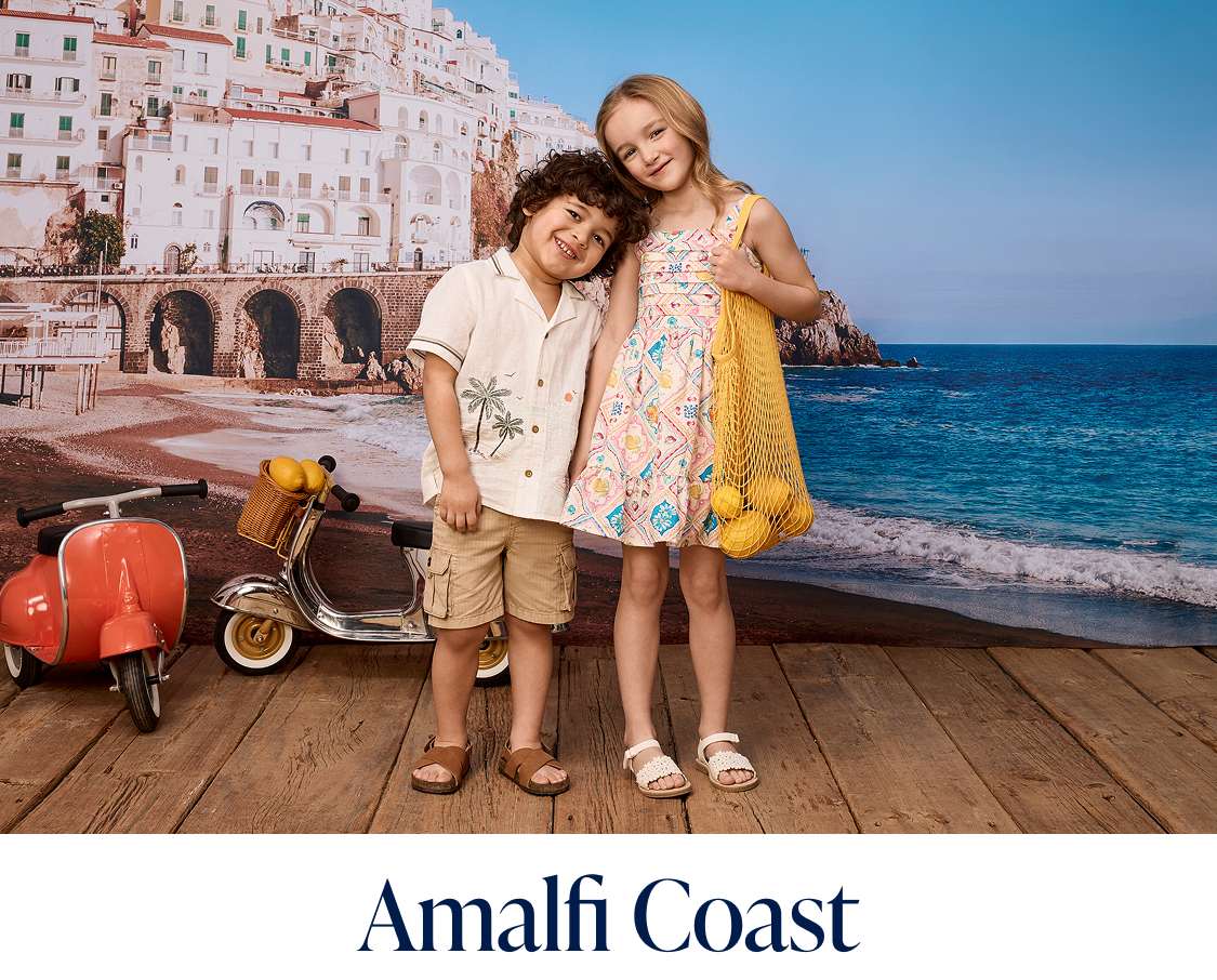 The image shows a young child in casual clothing standing on a wooden deck, with a scenic coastal town in the background. In the second part of the image, two young women are posing together on a similar wooden deck, with a picturesque seaside town visible behind them.