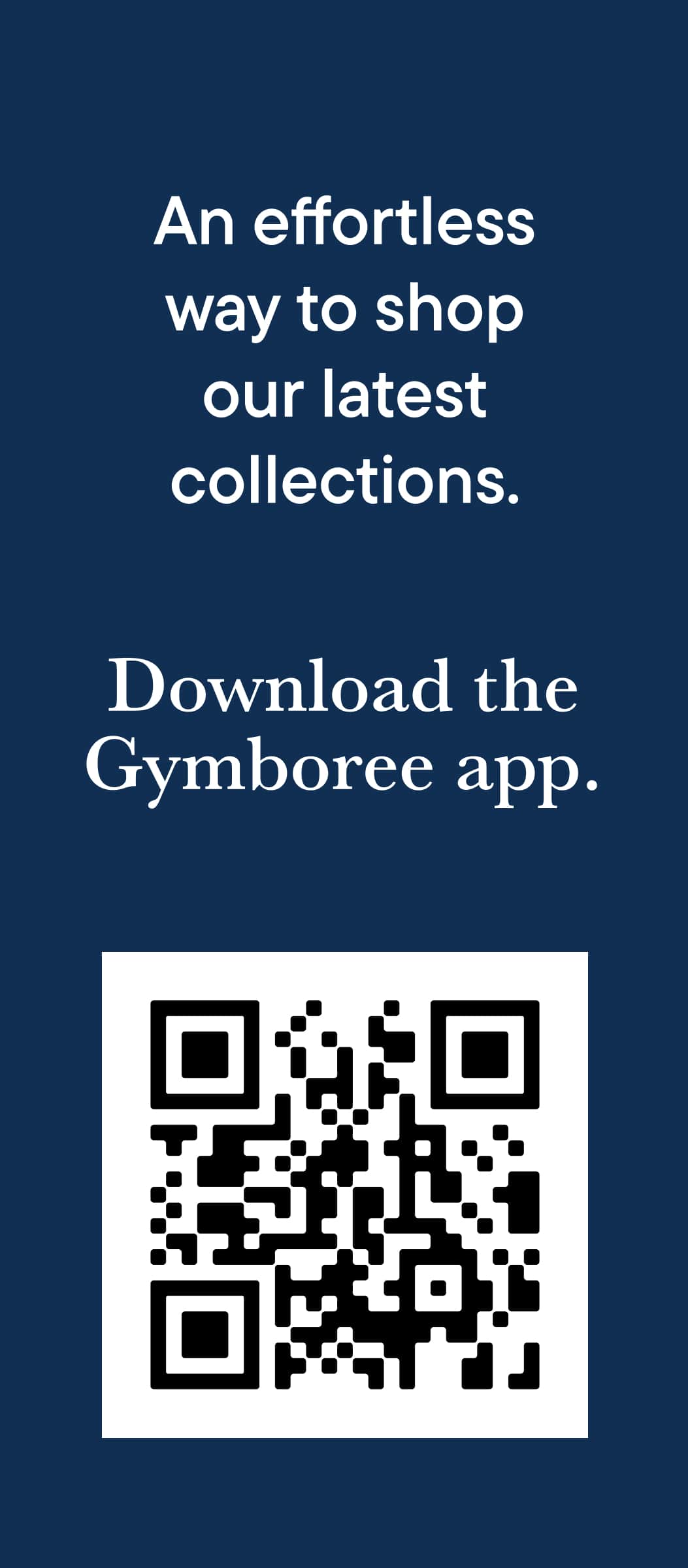 Un código QR en primer plano se sitúa sobre un fondo azul oscuro con un texto que promociona la aplicación Gymboree .