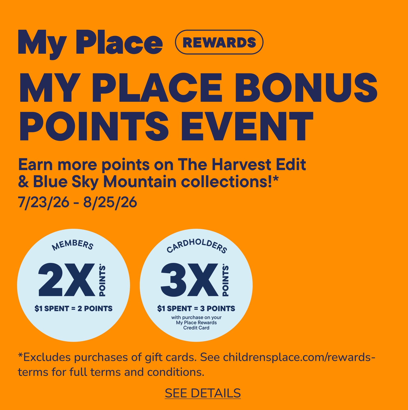 A bright orange background features a "My Place Bonus Points Event" promotion with details on earning extra points for members and cardholders in the foreground.