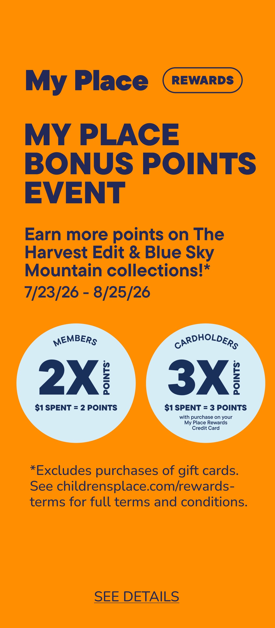 In the foreground, two circles highlight "2X POINTS" for members and "3X POINTS" for cardholders, while the background is an orange banner announcing a "MY PLACE BONUS POINTS EVENT."